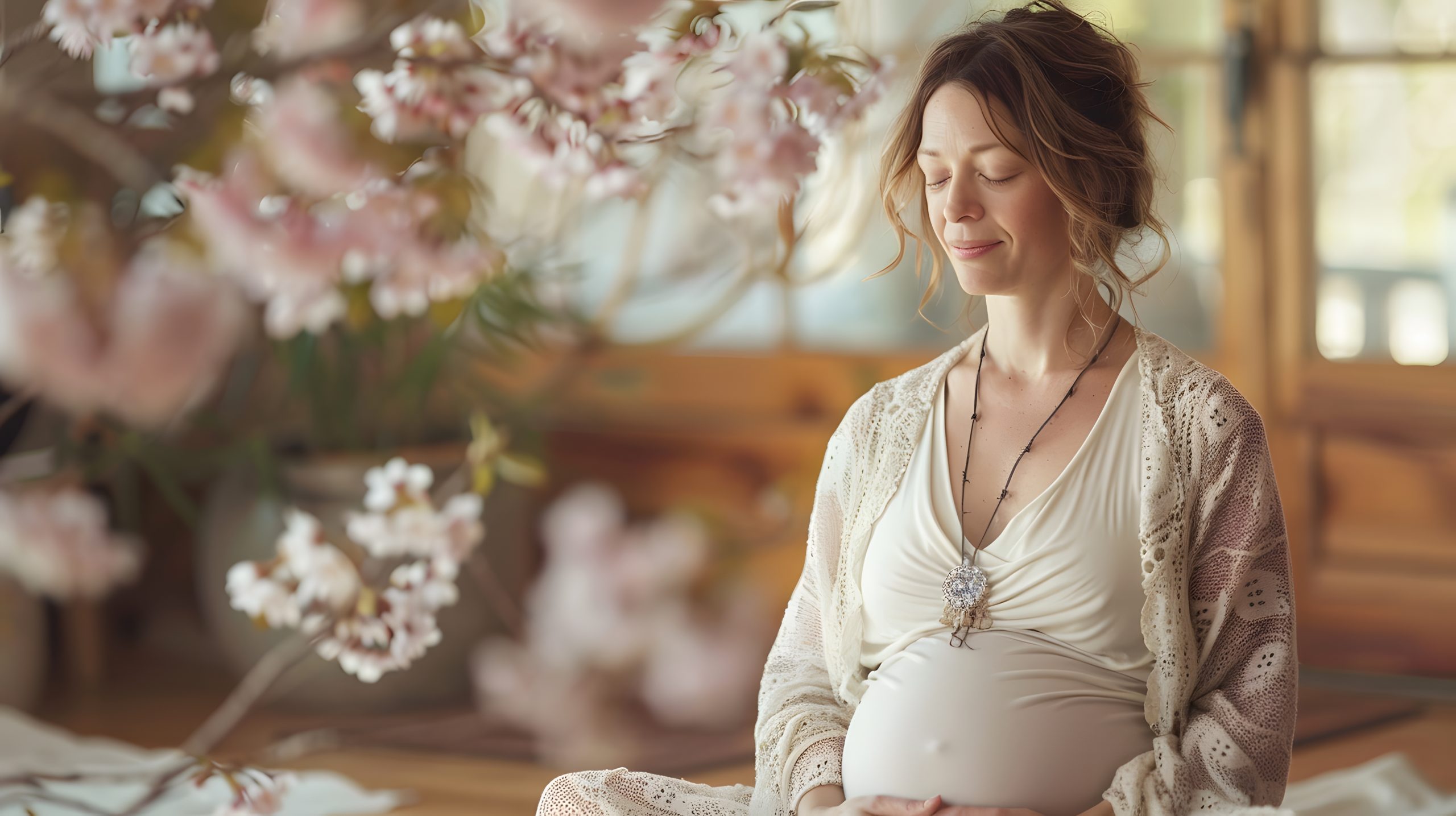Pregnant woman in peaceful prenatal yoga moment