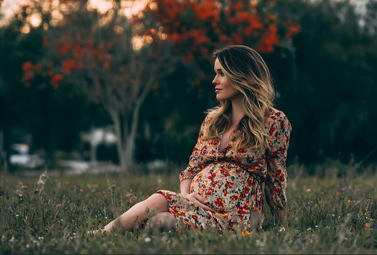 Pregnant woman sitting peacefully in an autumn field