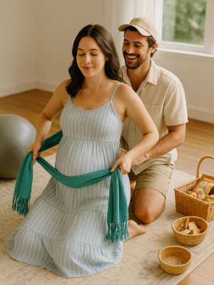 Team birth in action — she’s grounded, he’s got her back, and that rebozo’s doing wonders